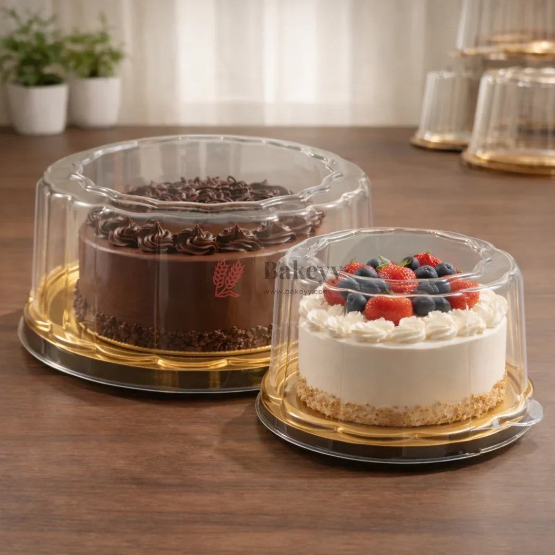 Round Cake Box with Golden Base & Clear Dome Lid | 2 Tray Designs ...