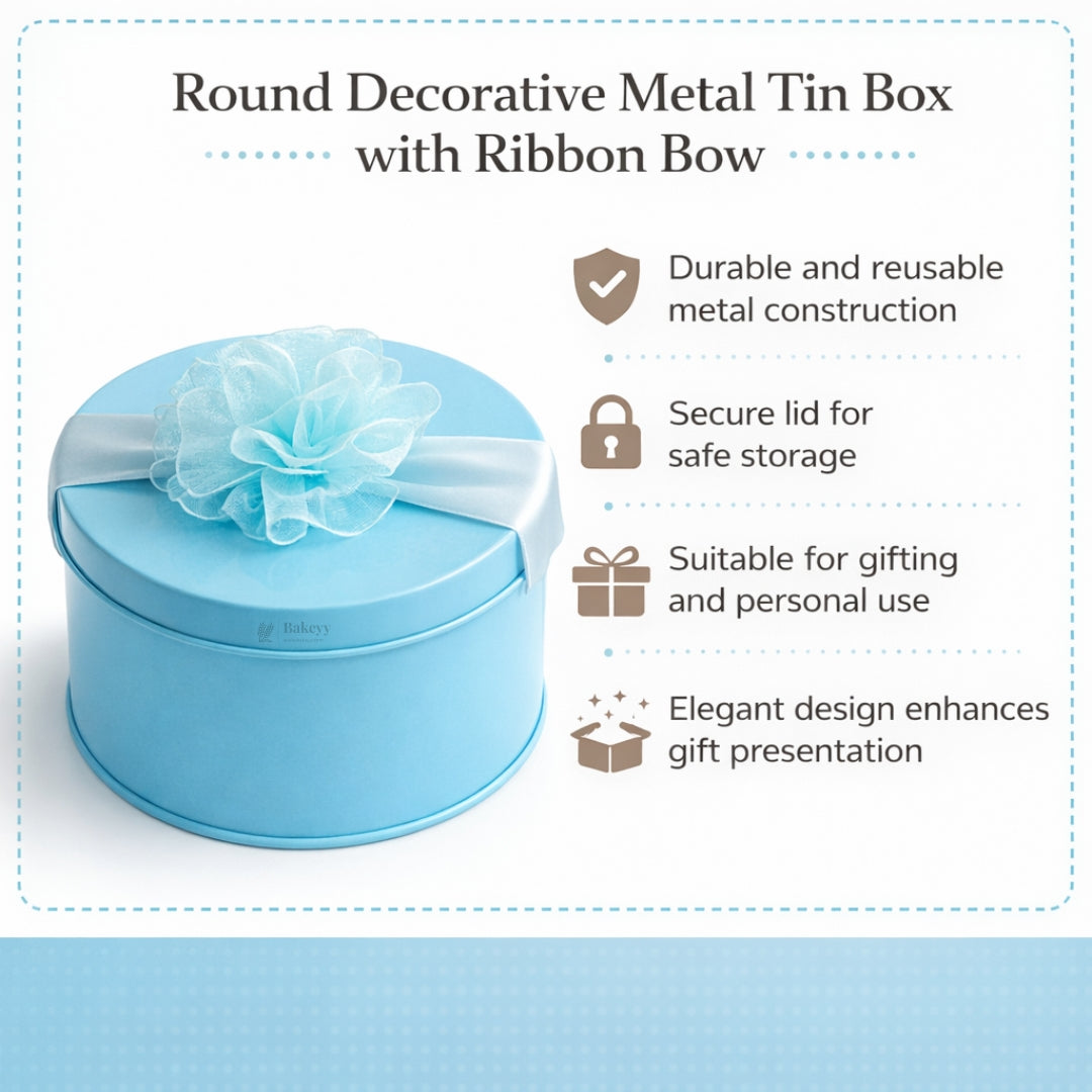 Round Decorative Metal Tin Box with Ribbon | Round Tin Box with Bow | Sweet Box | Chocolates & Keepsakes | Pack of 6