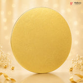 Gold round cake board with decorative elements on a beige background