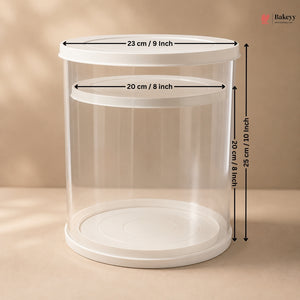 Clear cylindrical container with dimensions labeled on a beige background, featuring the Bakey brand.
