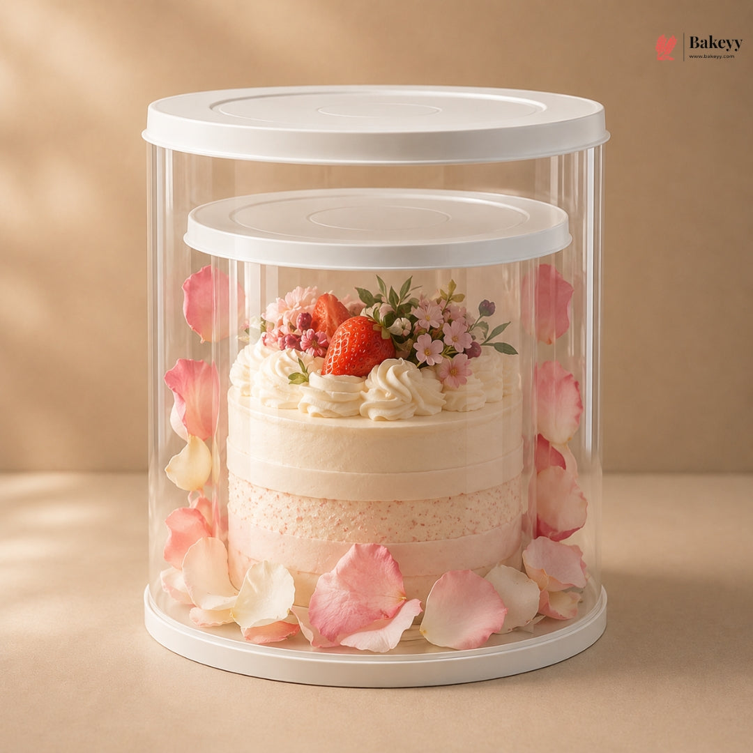 Delicate cake with floral decorations inside a clear cake stand on a beige background