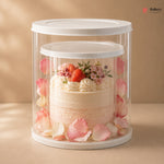 Delicate cake with floral decorations inside a clear cake stand on a beige background