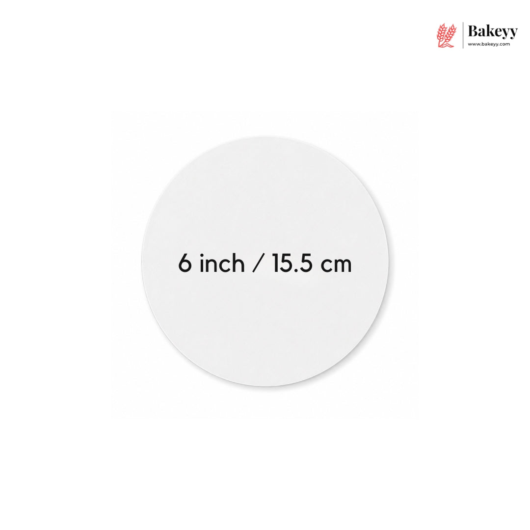White round plate with measurement text '6 inch / 15.5 cm' on a white background, featuring the Bakey brand.