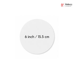 White round plate with measurement text '6 inch / 15.5 cm' on a white background, featuring the Bakey brand.