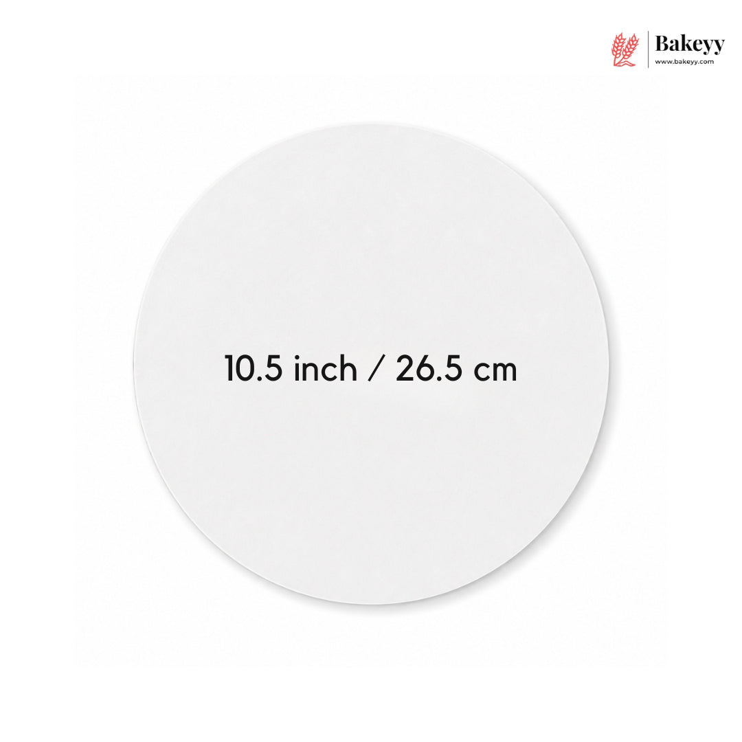 White round plate with measurements 10.5 inch / 26.5 cm on a white background, featuring the Bakey brand.