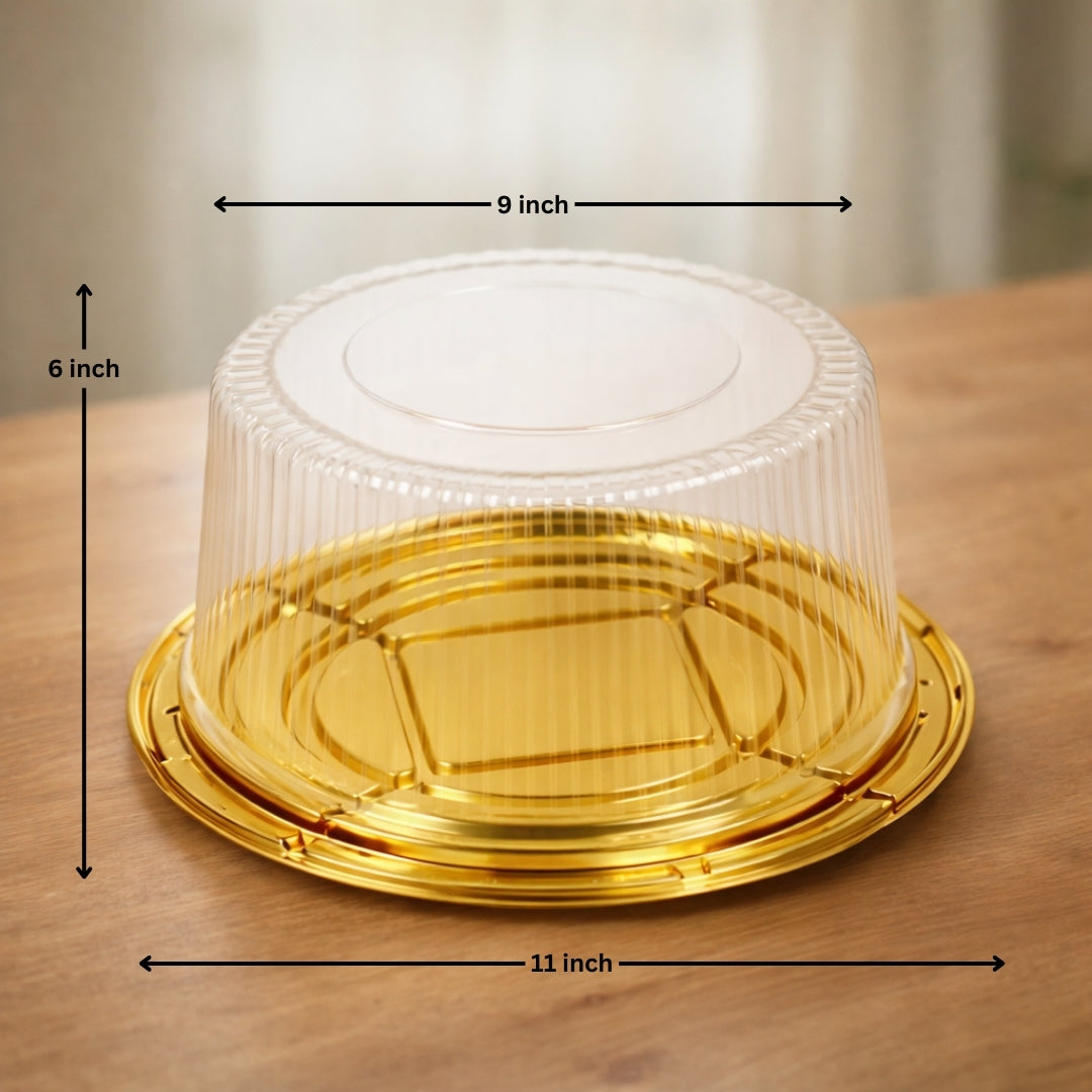 Round Cake Container with Clear Dome Lid & Gold Base | Premium Cake Packaging Box | Tall Cake Storage Container | Pack of 25