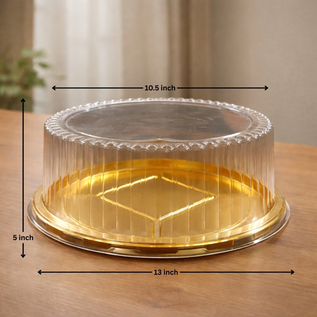 Round Cake Container with Clear Dome Lid & Gold Base | Premium Cake Packaging Box | Tall Cake Storage Container | Pack of 25