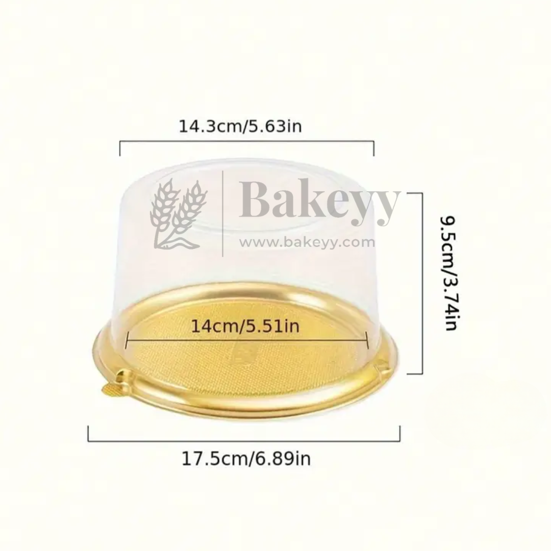 Gold-colored dish with dimensions labeled and Bakeyy branding on a white background