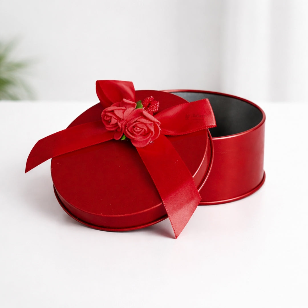 Round Decorative Metal Tin Box with Ribbon and flower | Round Tin Box with flower | Random Colors | Chocolates & Keepsakes | Pack of 6