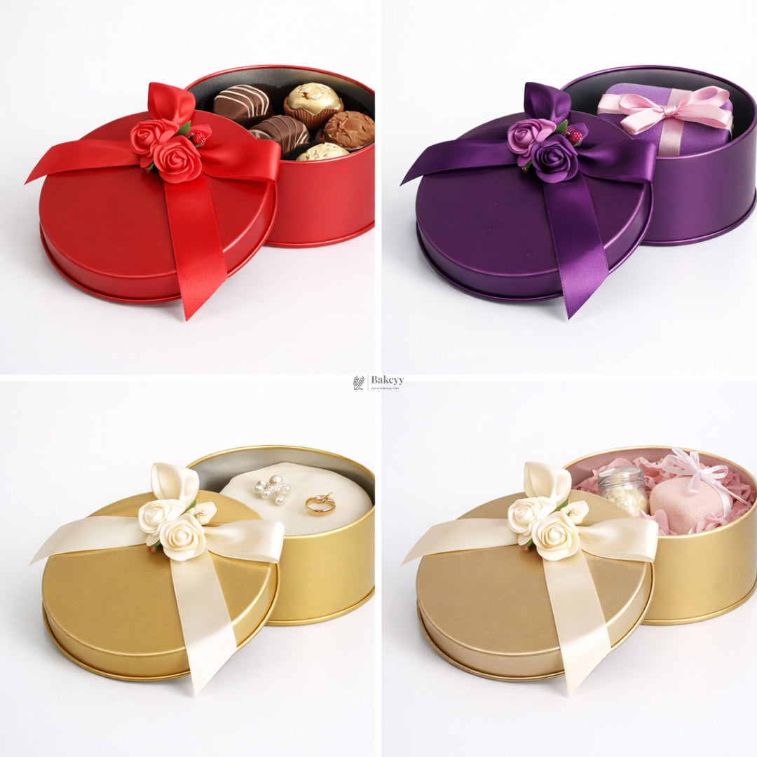 Round Decorative Metal Tin Box with Ribbon and flower | Round Tin Box with flower | Random Colors | Chocolates & Keepsakes | Pack of 6