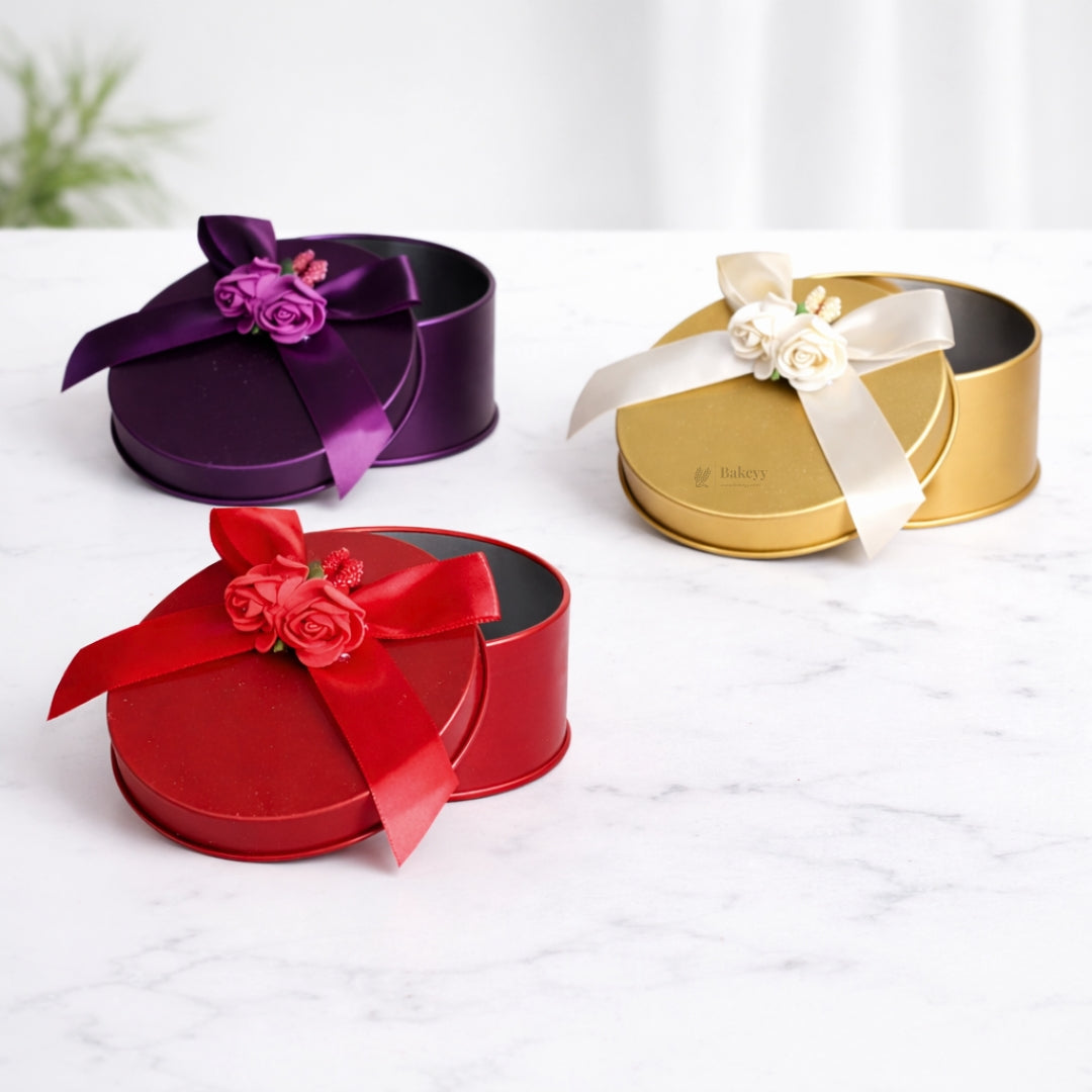 Round Decorative Metal Tin Box with Ribbon and flower | Round Tin Box with flower | Random Colors | Chocolates & Keepsakes | Pack of 6
