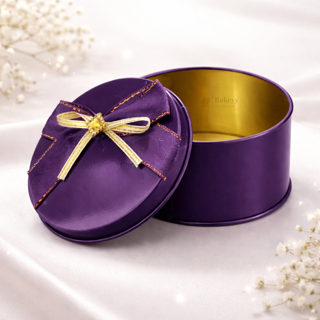 Round Empty Decorative Tin Box | Mixed Colours with Bow Designs | Pack of 12