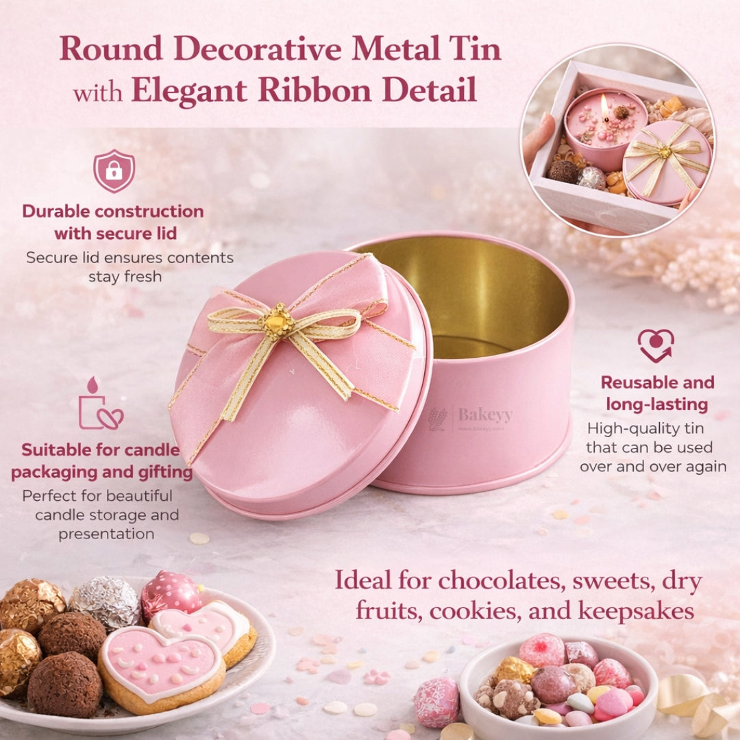 Round Empty Decorative Tin Box | Mixed Colours with Bow Designs | Pack of 12