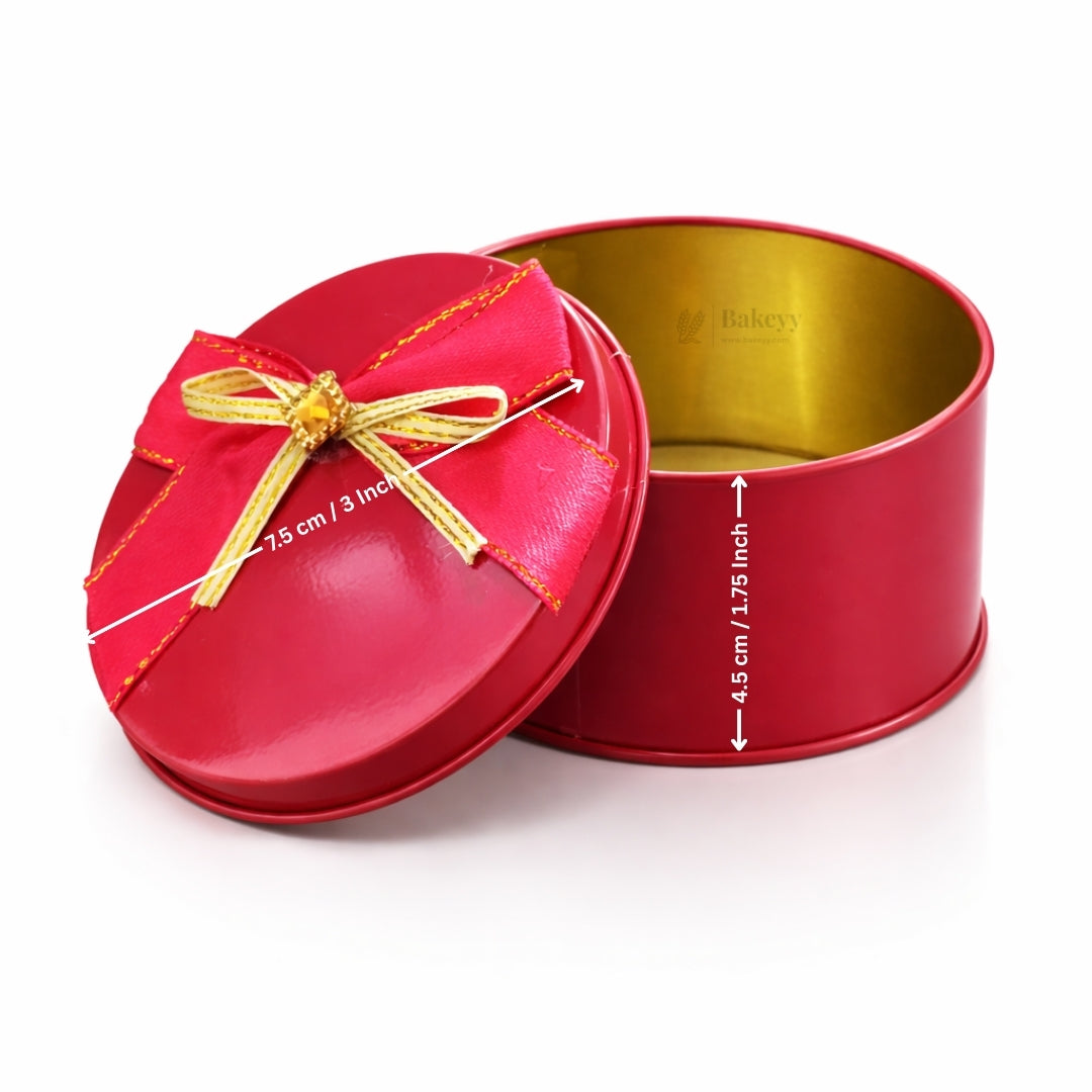 Round Empty Decorative Tin Box | Mixed Colours with Bow Designs | Pack of 12