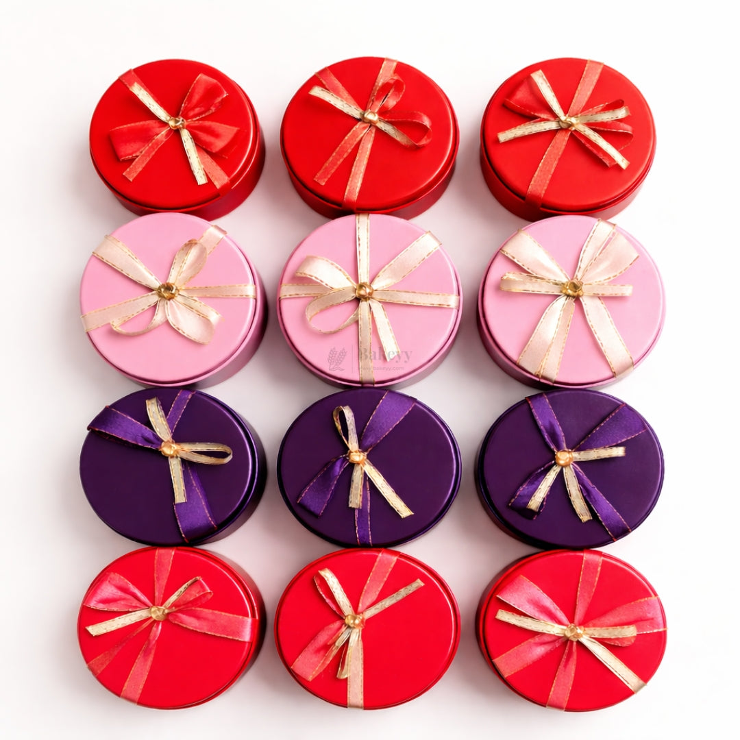 Round Empty Decorative Tin Box | Mixed Colours with Bow Designs | Pack of 12