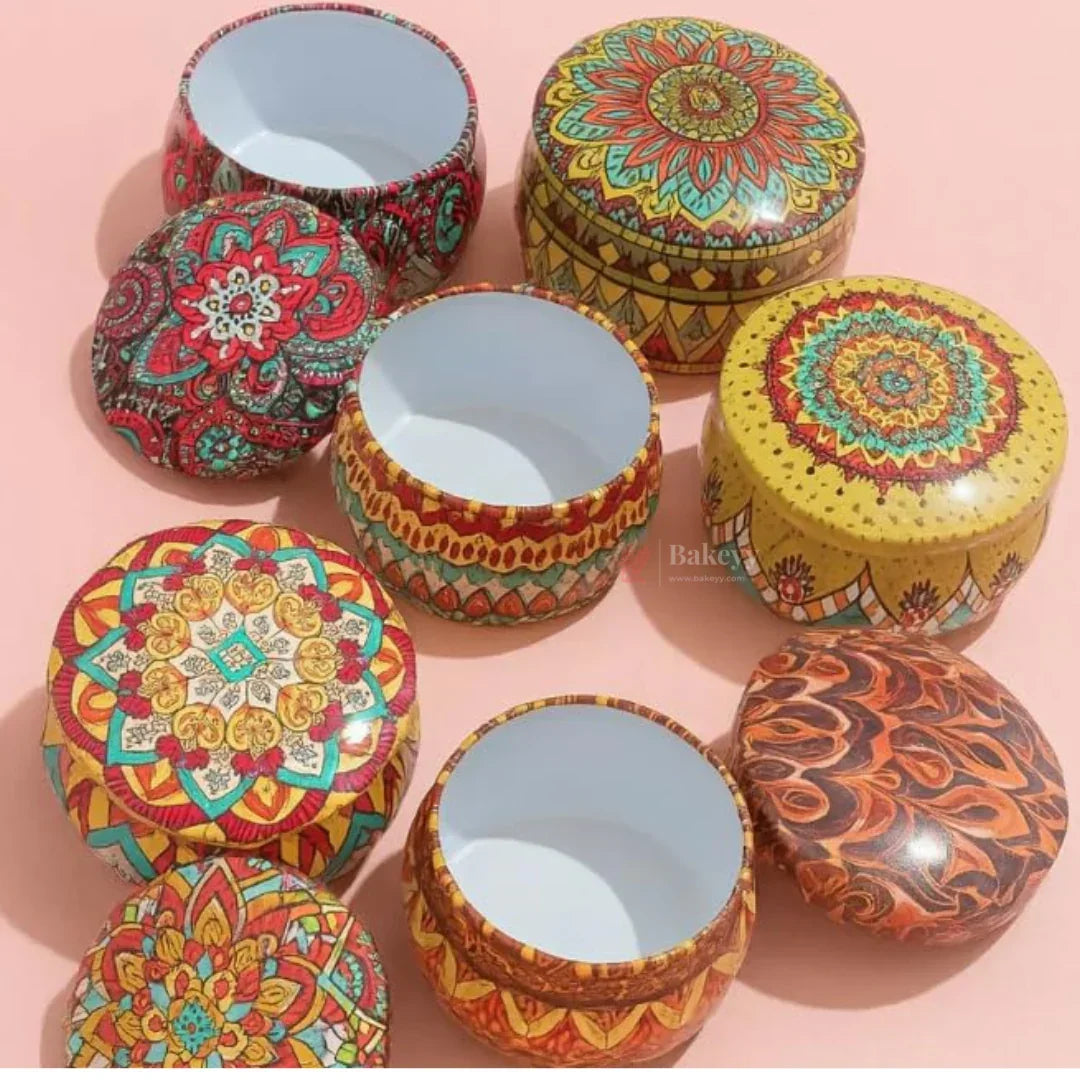 Colorful round Matka mandala print tin boxes for gift packaging from Bakeyy.com
