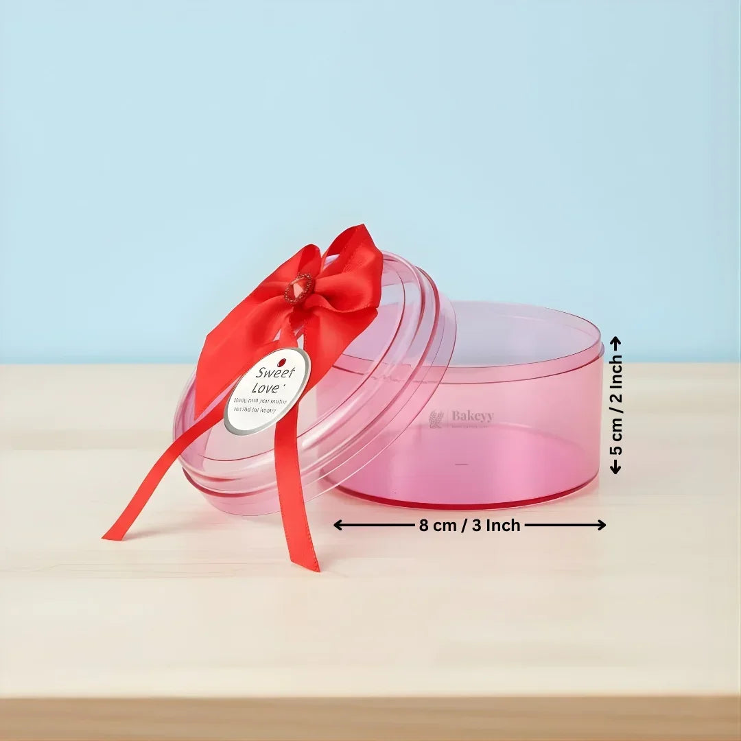 Round red acrylic gift box with bow, 8x5 cm, decorative packaging by Bakeyy.com
