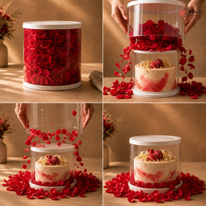 Collage of a cake being revealed from a transparent container filled with red rose petals.