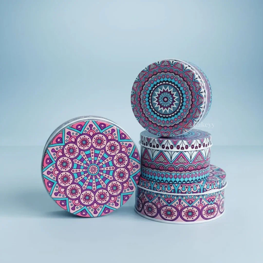 Round mandala print tin boxes for gift packaging from Bakeyy, wholesale baking supplies India