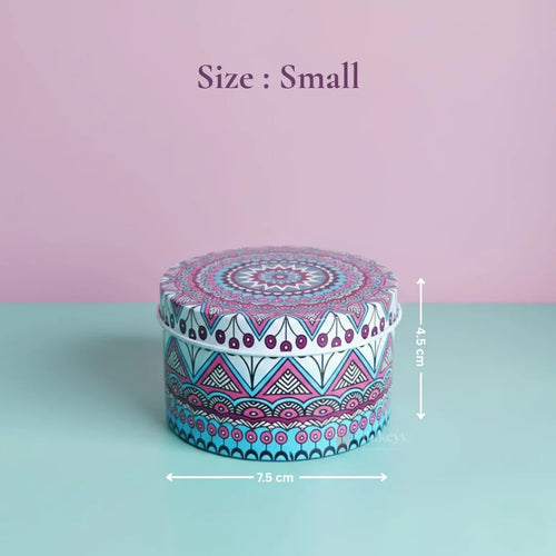 Small round mandala print tin box, 7.5x4.5 cm, gift packaging from Bakeyy.com