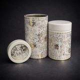 Premium Grey & Gold Hexagon Print Round Metal Tin Box | 1 Piece