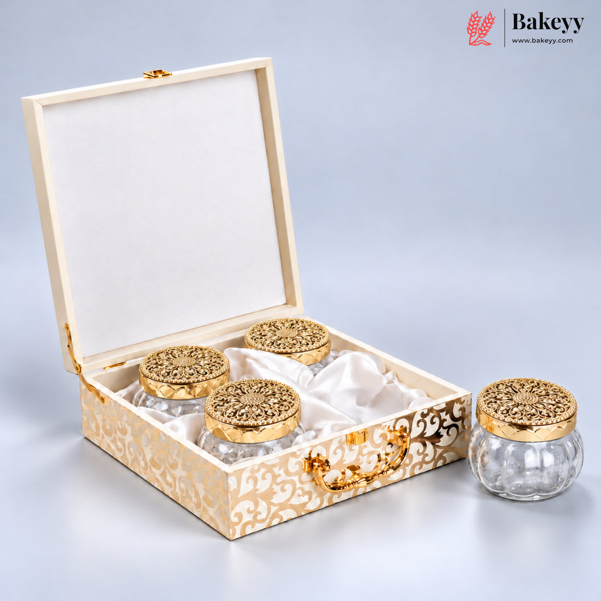 Regal Gold Printed Hamper Box | 4 Glass Jars | Glass Top | Pack of 1