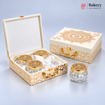 Regal Gold Printed Hamper Box | 4 Glass Jars | Glass Top | Pack of 1