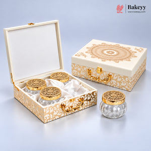 Regal Gold Printed Hamper Box | 4 Glass Jars | Glass Top | Pack of 1