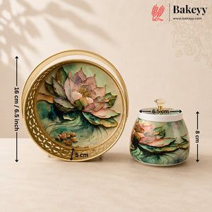 Decorative ceramic lidded jar and matching tray set with a gold-tone rim and floral painting, shown with dimension arrows and labels on a beige background. Bakeyy branding appears in the top right.