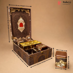 An ornate dark brown decorative storage box with gold detailing, shown open with smaller matching boxes inside. Black dimension arrows and labels indicate the measurements of the box and a separate matching container on a plain beige background.