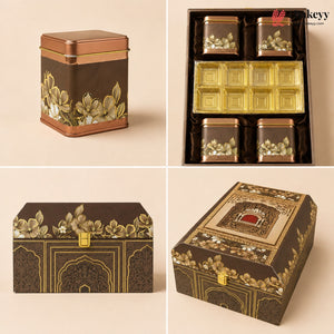 Four-panel product display of an ornate tea gift set and matching storage boxes on a warm beige background. The set includes a square copper-toned tin with gold floral decoration, a boxed arrangement of smaller matching tins and gold trays, a rectangular lidded box with gold floral detailing, and a decorative lidded storage box with intricate gold patterns.