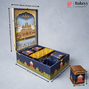 A decorative blue and gold tea tin set shown open with dimension lines indicating its measurements, plus a smaller closed tin shown at bottom right. The image includes Bakeyy branding and measurement annotations on a light gray background.