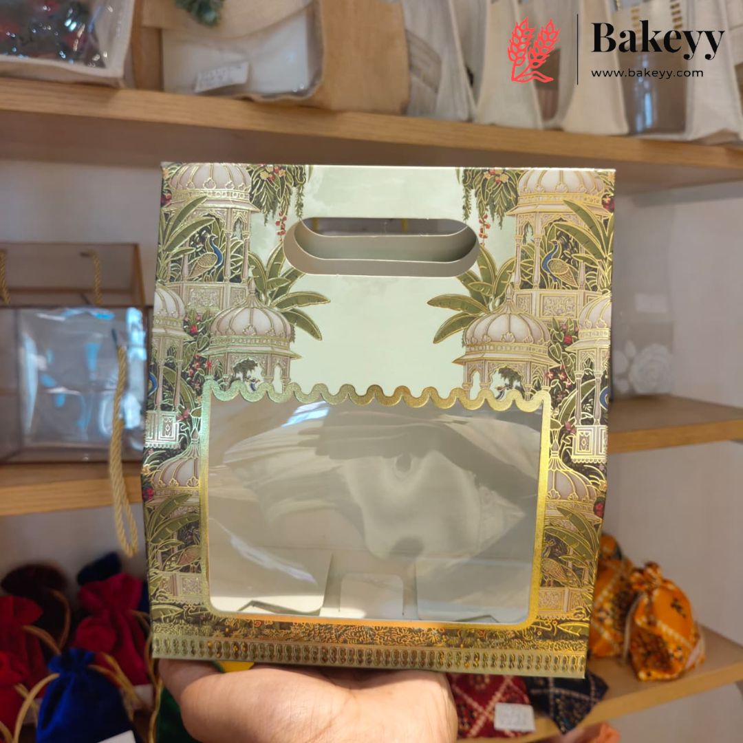 Royal Peacock Printed Goodie Box with Handle | Transparent Window Gift Packaging | Pack of 10