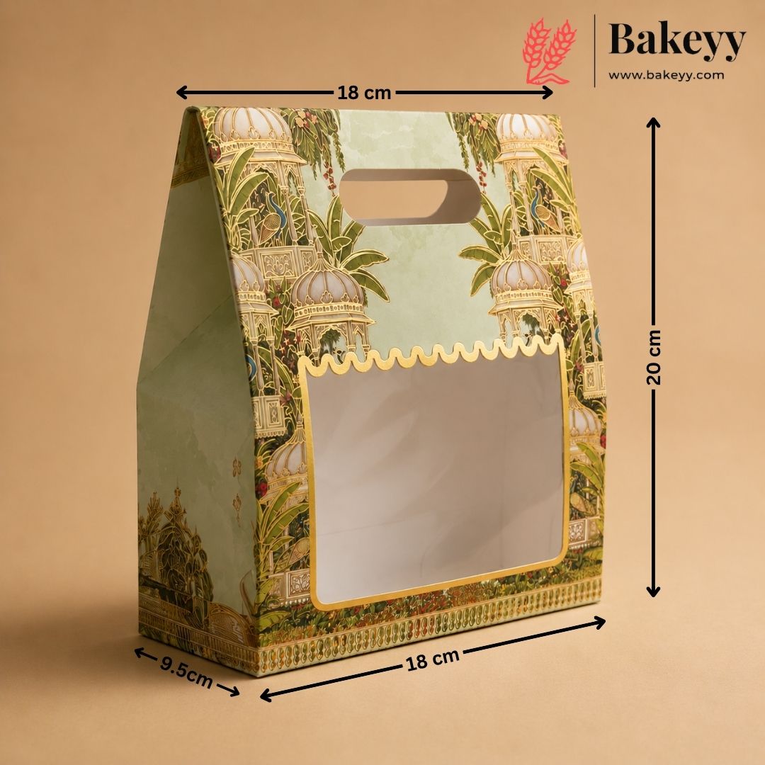 Royal Peacock Printed Goodie Box with Handle | Transparent Window Gift Packaging | Pack of 10