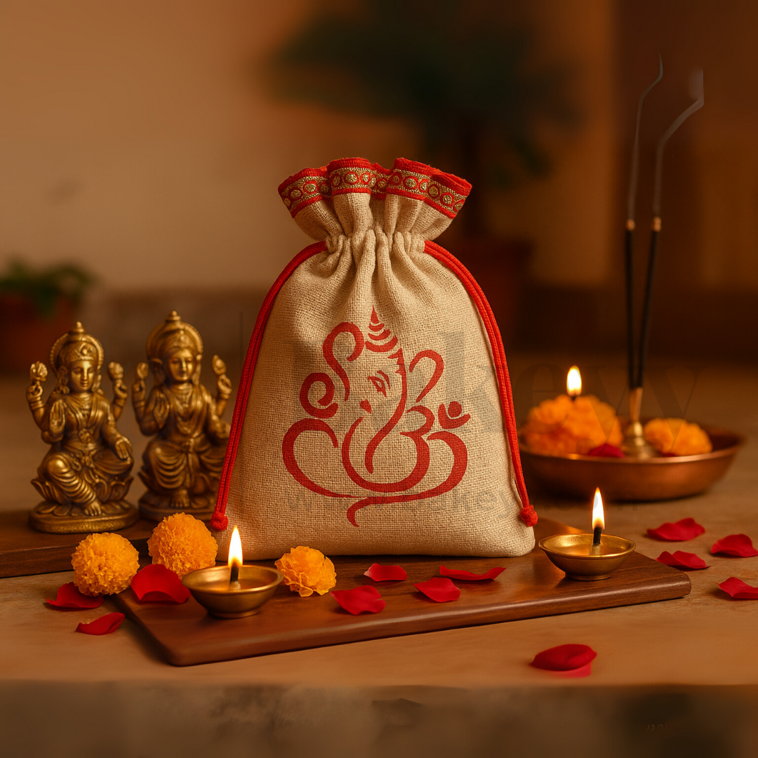 15x20 CM | Lord Ganesh Printed Jute Potli Bag | Return Gift Bags | Drawstring Pouches | Eco-Friendly Gifting - Pack of 50