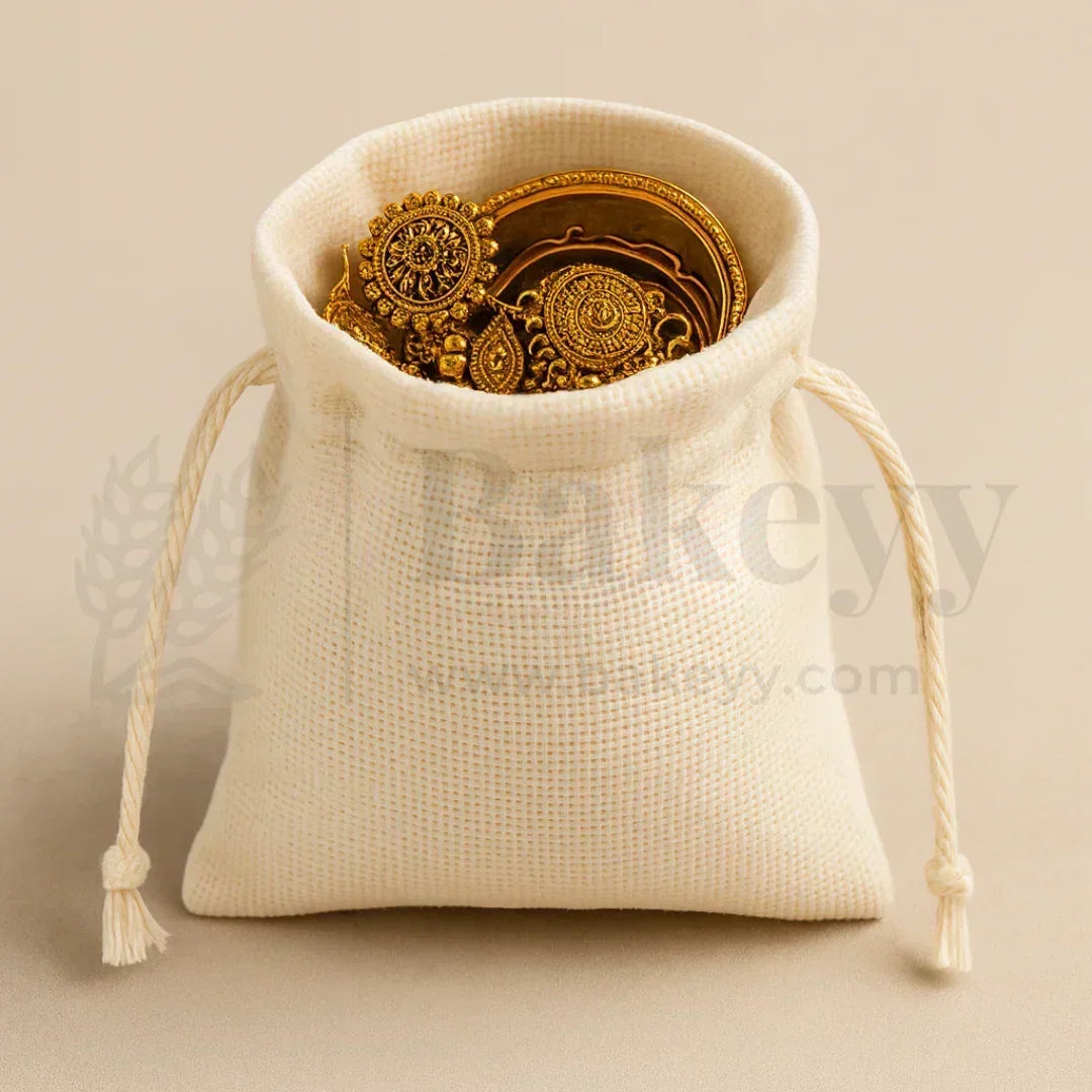 22x31 CM | Jute Potli Bags Cream Colour Drawstring Gift Bags for Return Gifts - Pack of 10