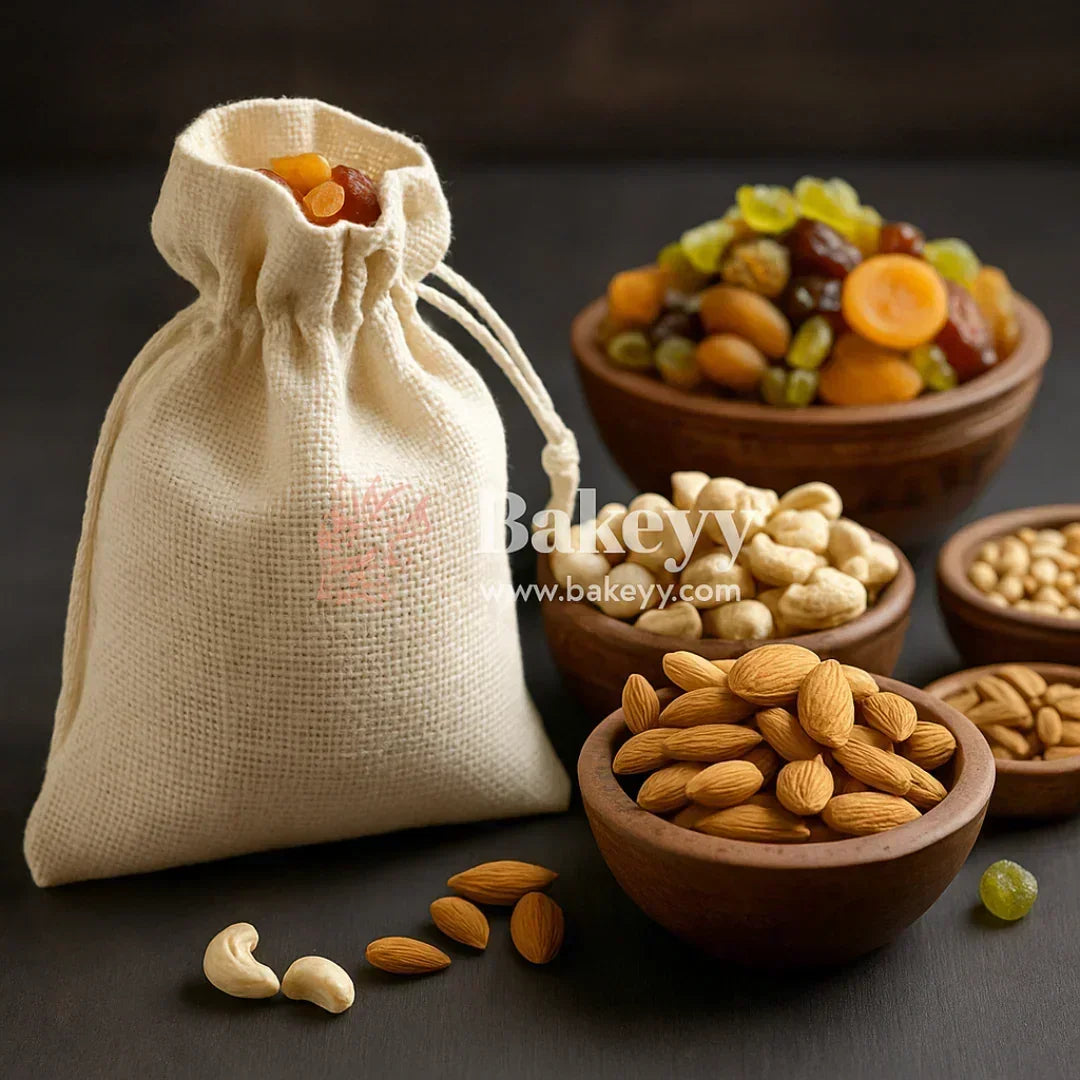 22x31 CM | Jute Potli Bags Cream Colour Drawstring Gift Bags for Return Gifts - Pack of 10