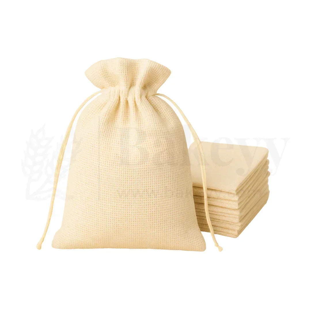 22x31 CM | Jute Potli Bags Cream Colour Drawstring Gift Bags for Return Gifts - Pack of 10