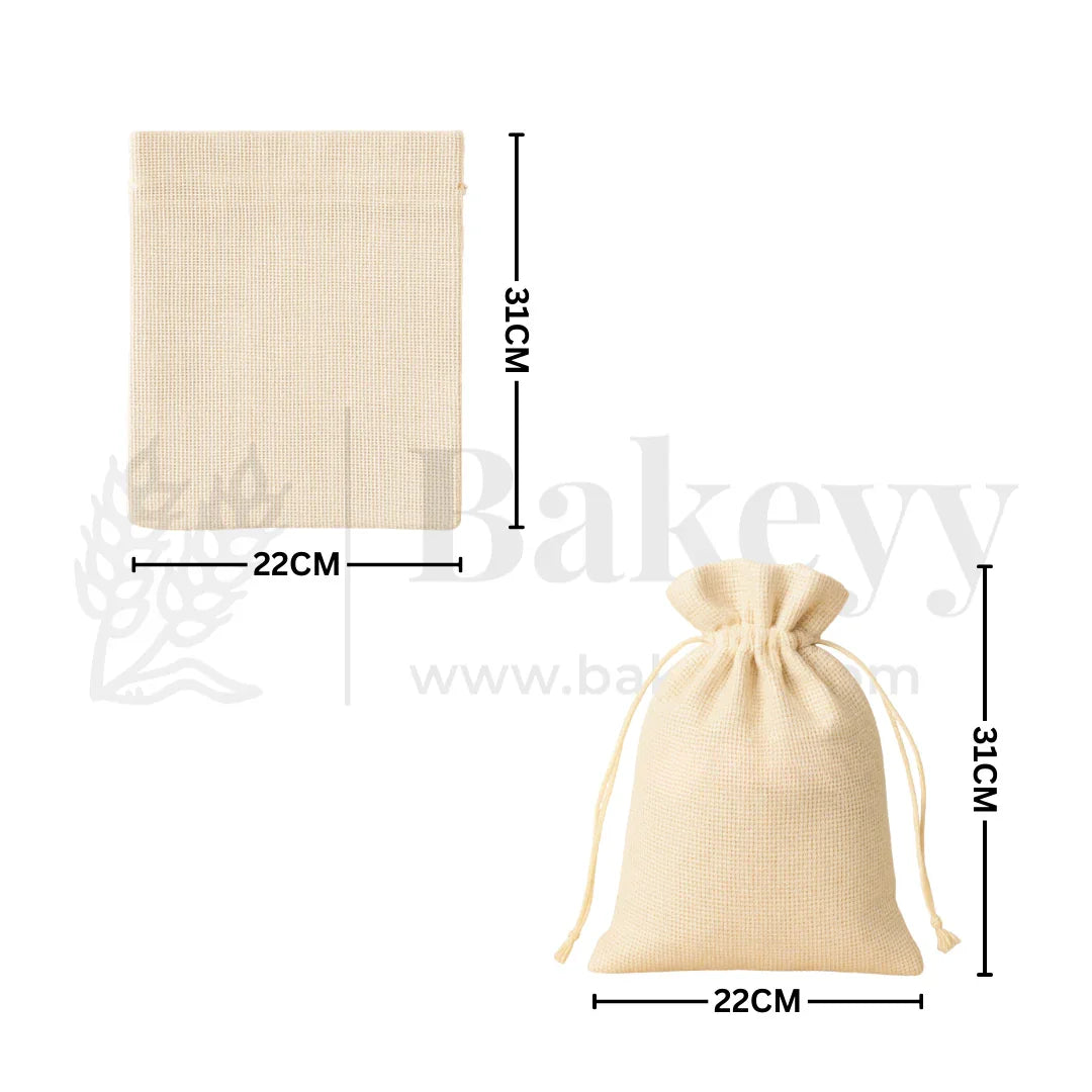 22x31 CM | Jute Potli Bags Cream Colour Drawstring Gift Bags for Return Gifts - Pack of 10