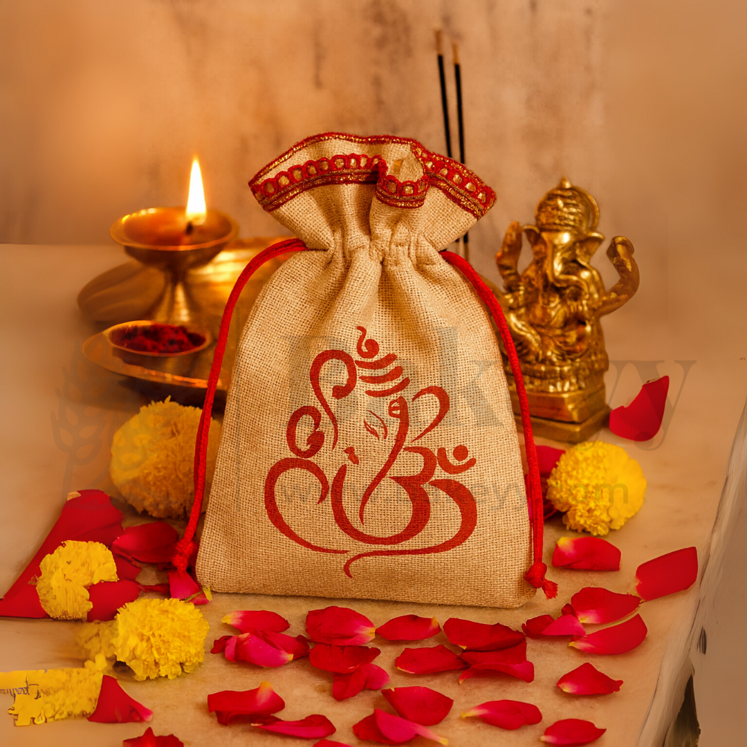 15x20 CM | Lord Ganesh Printed Jute Potli Bag | Return Gift Bags | Drawstring Pouches | Eco-Friendly Gifting - Pack of 50