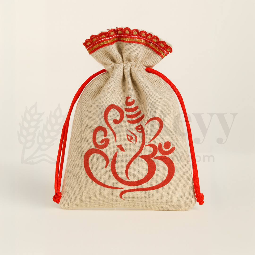 15x20 CM | Lord Ganesh Printed Jute Potli Bag | Return Gift Bags | Drawstring Pouches | Eco-Friendly Gifting - Pack of 50