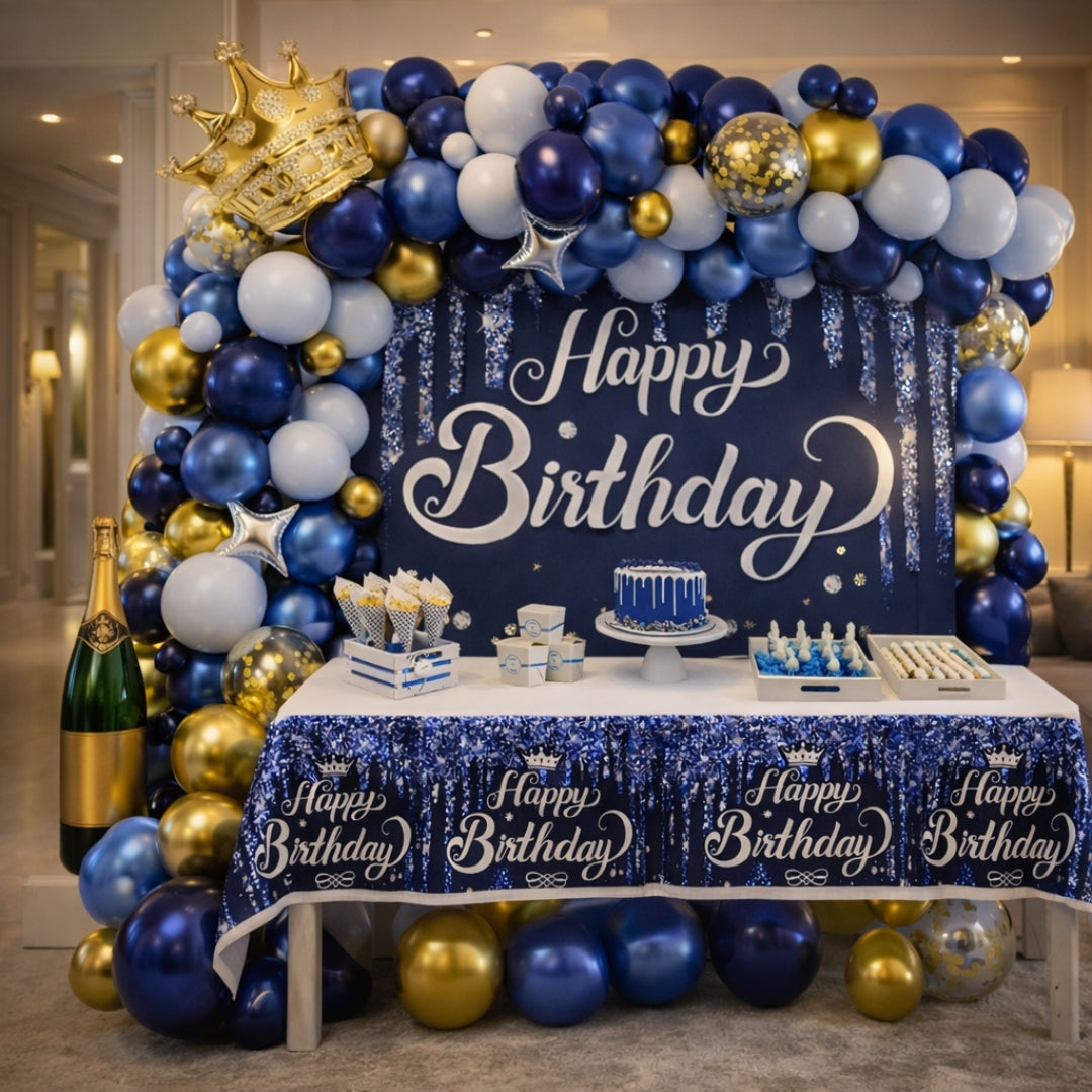 Royal Blue & Gold Birthday Balloon Arch Decoration Kit | Crown Theme | Party Backdrop Set | Pack of 1