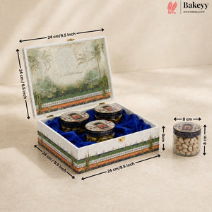 An open decorative gift box with dimension arrows and labels showing 24 cm by 24 cm measurements, containing three small jars with blue velvet lining. A separate jar is shown to the right with 8 cm width and 9 cm height labels.