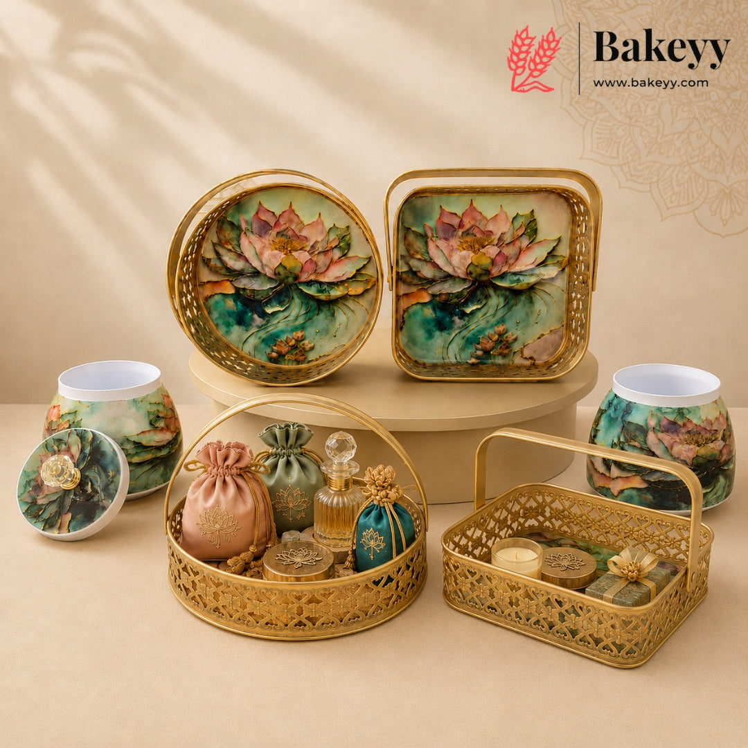 6 Inch Golden Metal Basket with Artistic Floral Storage Jar | Pack of 1