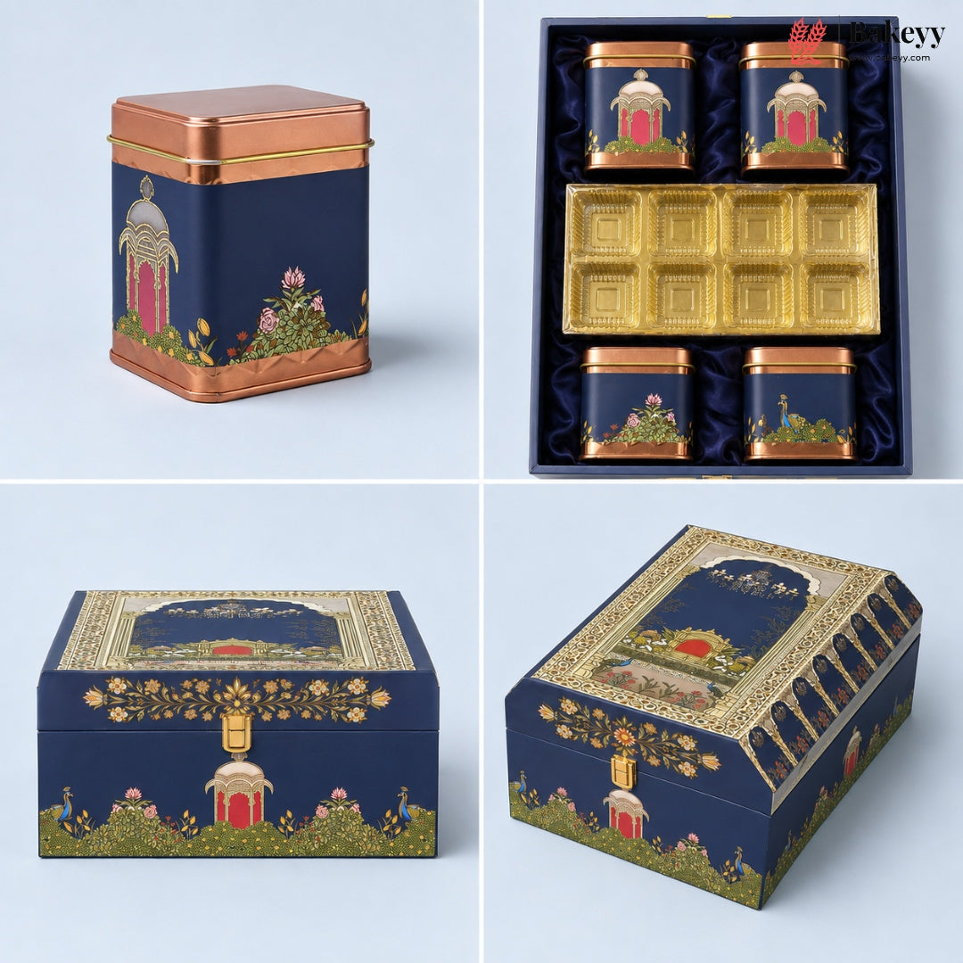 Four-panel product display of a decorative tea tin set on a pale blue background. The set includes one square tin shown closed from the front, a boxed set of five matching tins with gold trays and a gold lid insert, one front view of the closed square tin, and one angled view of the lid.