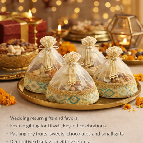 Royal Organza Potli Bag | Wooden Round Base and Pearl Tassel Satin Tie | Premium Potli Bag | Pack of 1