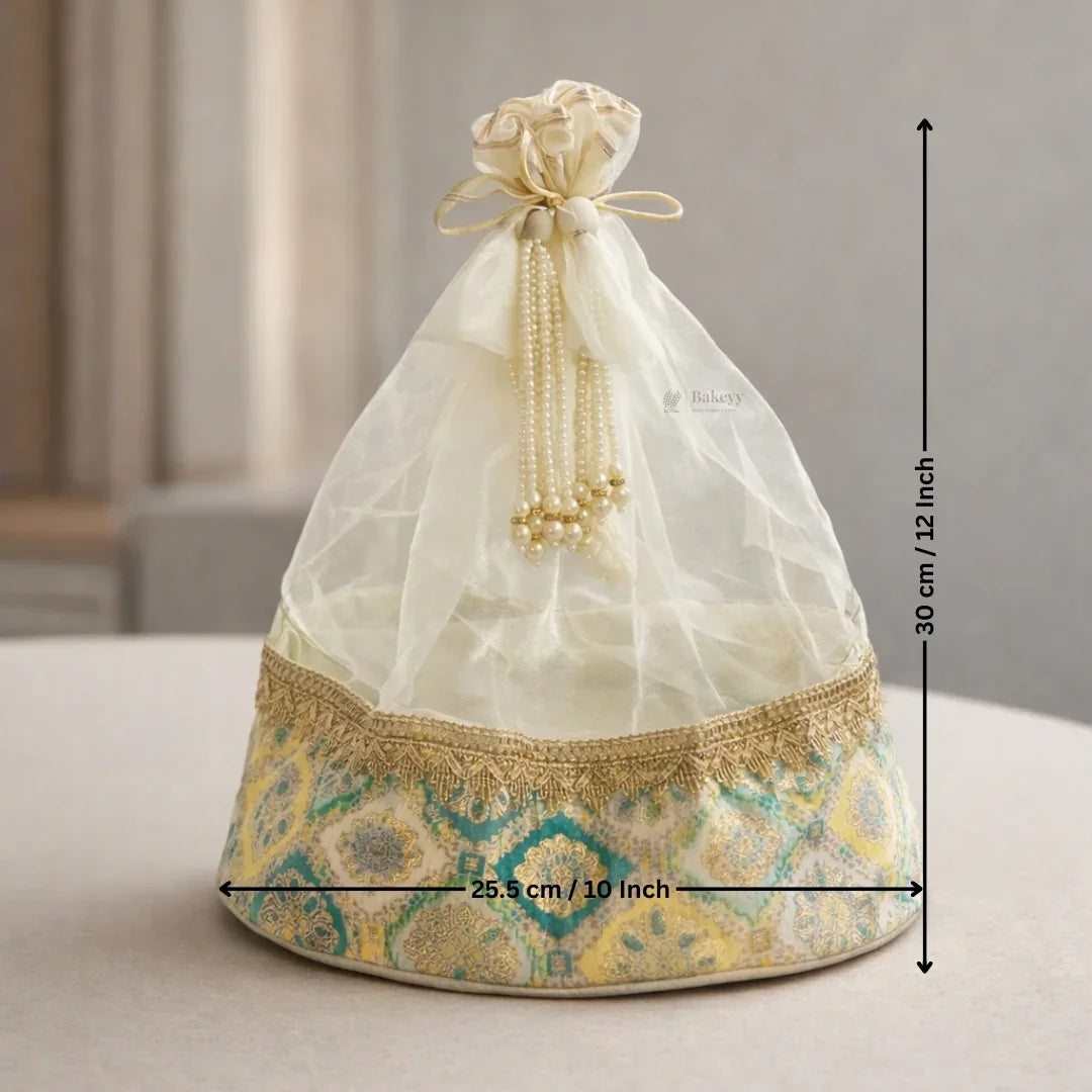 Royal Organza Potli Bag | Wooden Round Base and Pearl Tassel Satin Tie | Premium Potli Bag | Pack of 1