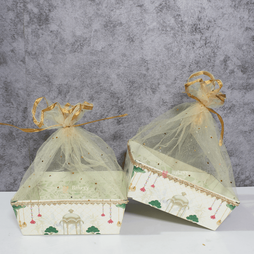 Royal Peacock-Themed Gifting Hamper | Ivory with Golden Net Cover - Pack of 10 - Bakeyy.com - India - Royal Peacock-Themed Gifting Hamper | Ivory with Golden Net Cover - Pack of 10 - Pack of 10 / Small - 8 inches