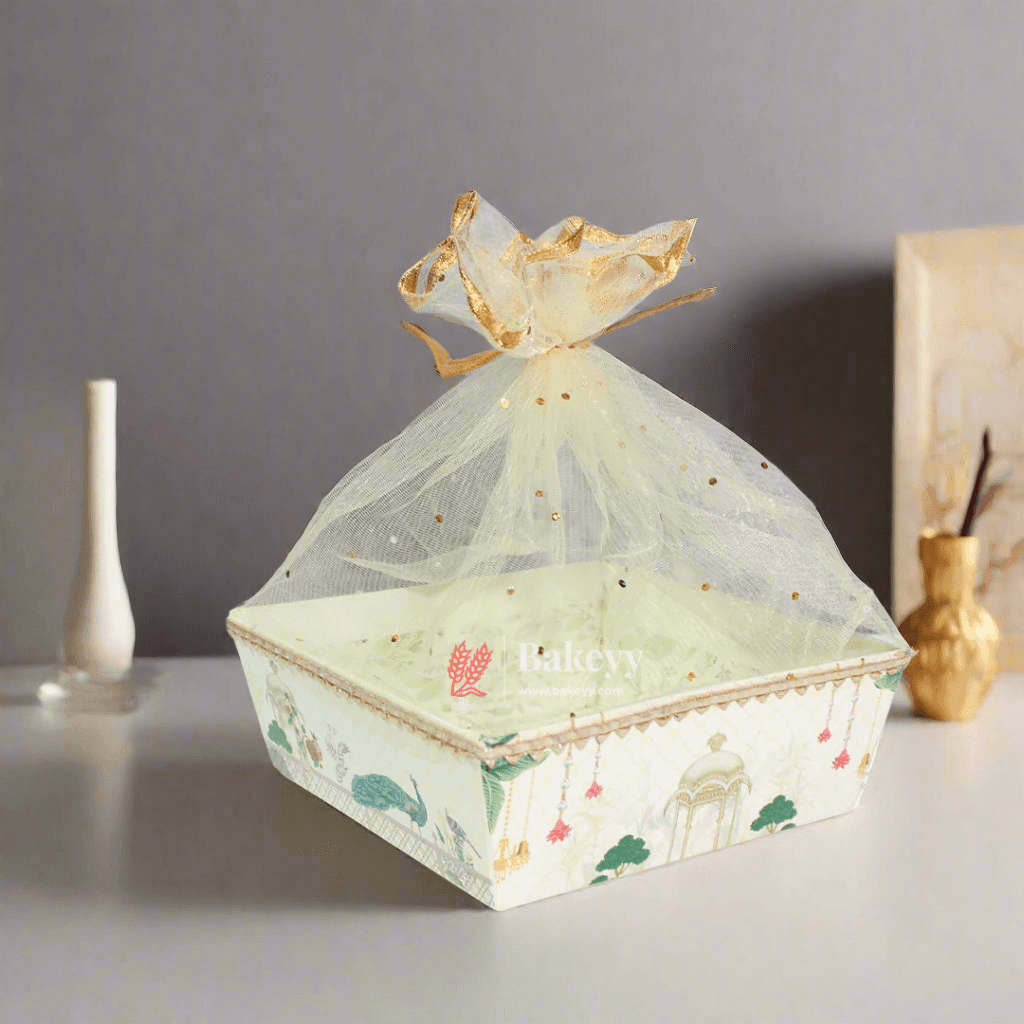 Royal Peacock-Themed Gifting Hamper | Ivory with Golden Net Cover - Pack of 10 - Bakeyy.com - India - Royal Peacock-Themed Gifting Hamper | Ivory with Golden Net Cover - Pack of 10 - Pack of 10 / Small - 8 inches
