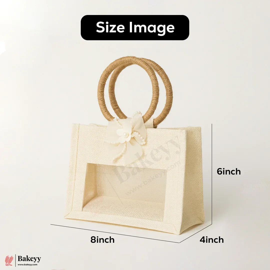 8x6x4 Inch Premium 2 Jar Jute Gift Bag with Transparent Window & Floral Accent – Pack Of 1 - Bakeyy.com - India - 8x6x4 Inch Premium 2 Jar Jute Gift Bag with Transparent Window & Floral Accent – Pack Of 1 - Default Title